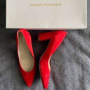 Marc Fisher Red High Heel Shoes. Size 6 1/2. Suede material. NEVER BEEN WORN